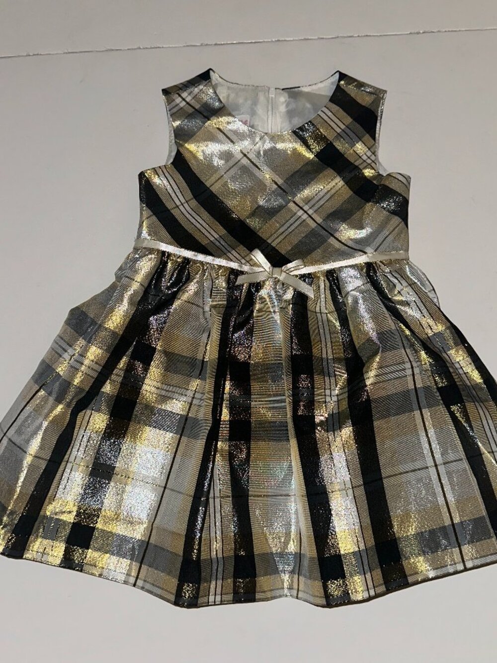 Bonnie Jean Girls Party Dress Black Gold Silver Plaid Bow 2T Metallic